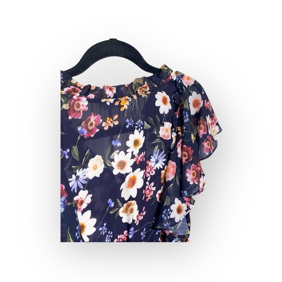 Parker ๐ Floral Silk A-Line V Neck Dress ๐ Scalloped Ruffles ๐ Navy ๐ XS ๐ - Picture 9 of 16